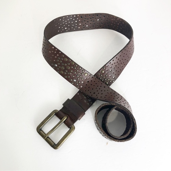 Brown leather, eyelet, studded, chunky hardware belt - Picture 5 of 7